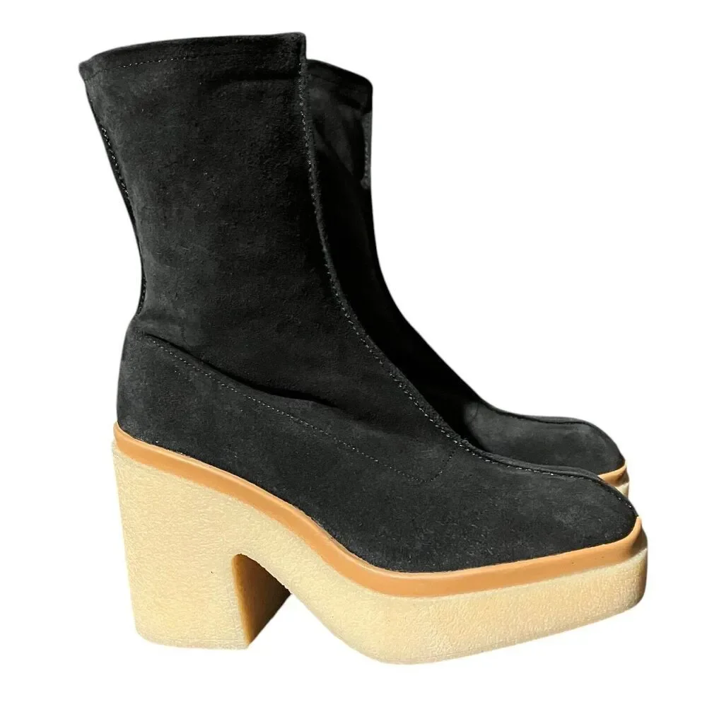 Free People Gigi Ankle Bootie 7 / 37.5 Black Suede Leather Square Toe‎ Platform
